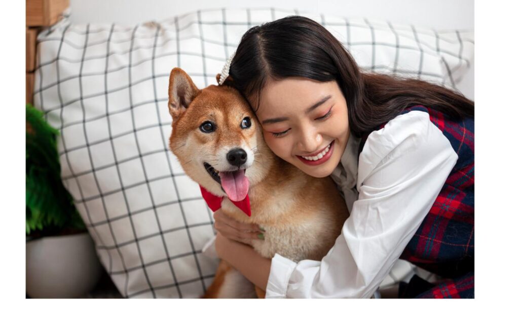 柴犬を優しく抱きしめて笑顔を見せる女性