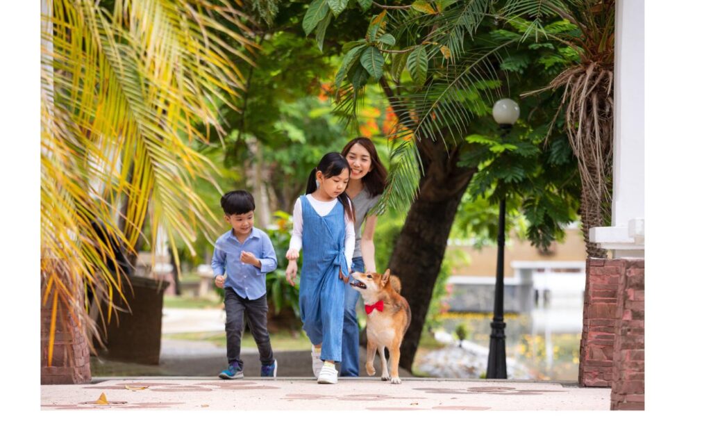 公園を柴犬と一緒に笑顔で歩く母と子どもたち、家族に迎えた喜びをイメージ